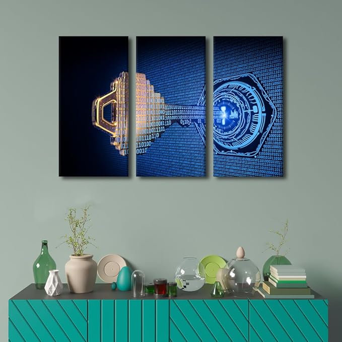 Bedroom Wall Decor 3 Panel Cybersecurity Concept Artwork Print on Canvas for Living Room Bedrooms Wall Decorations, Wooden Framed Gallery-Wrapped Ready to Hang, 36" Wx24 H