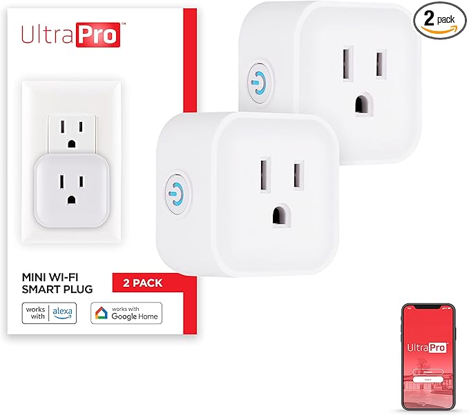 UltraPro Smart Plug WiFi Outlet, Smart Home, Smart Switch, Smart Outlet, Works With Alexa, Echo & Google Home, No Hub Required, App Controlled, ETL Certified, Electrical Outlet Switch, 2 Pack, 51410