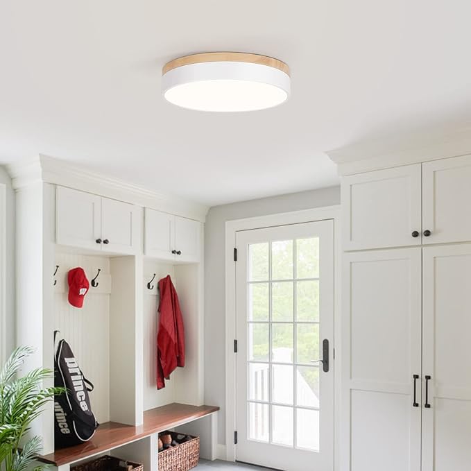 Dimmable Wood Ceiling Light Fixture 2700K-6000K 5CCT Modern White LED Flush Mount Ceiling Light Minimalist Circle Close to Lighting Fixture for Bedroom Kitchen Bathroom Laundry Room 11.81 Inch