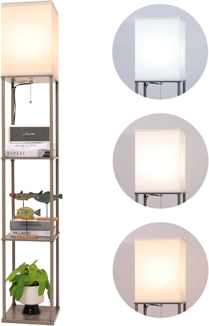 Floor Lamp with Shelves, Modern Square Standing Lamp with 3 Color Temperature Bulb, Corner Display Bookshelf Lamp for Living Room, Bedroom and Office （Grey）