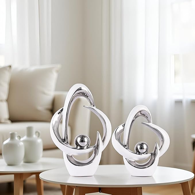 2PCS Home Decor Accent Ceramic Statue Abstract Sculptures Centerpieces Mid Century Modern Decor for Tables Coffee Table top Decorations for Living Room Desktop Shelf Dining Room Kitchen (White Silver)