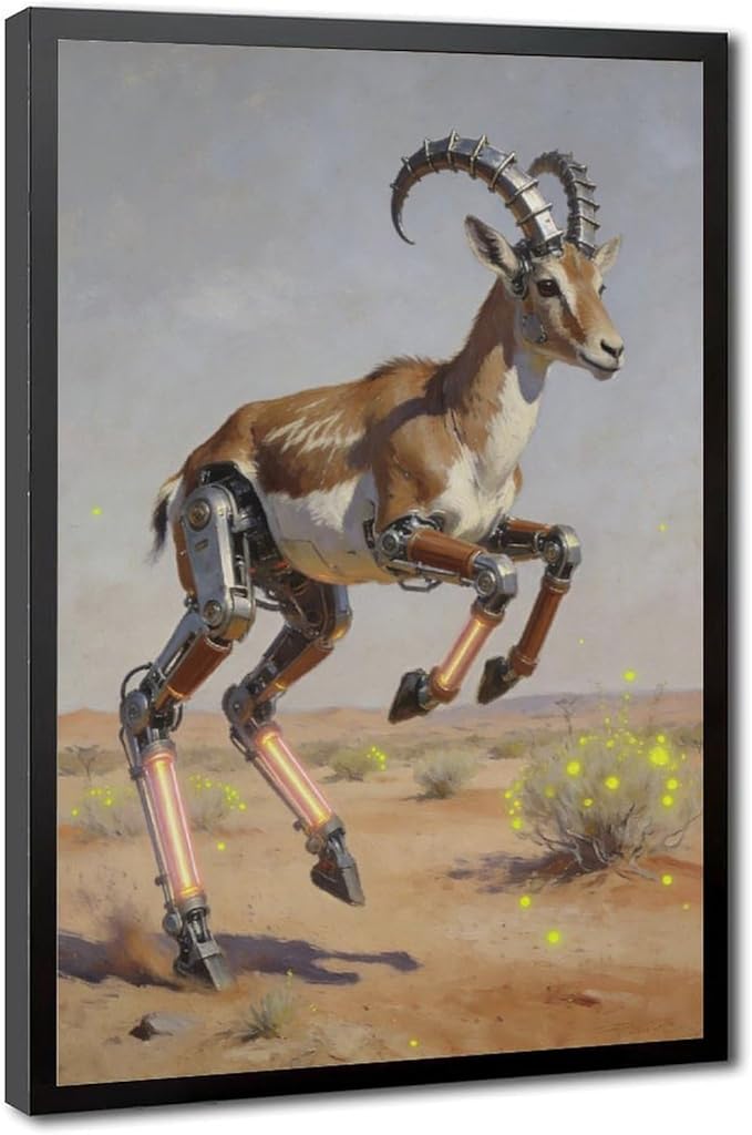 Framed Steampunk Mechanical Antelope Wall Art - Desert Futuristic Poster for Loft Living Room Decor 24x36in