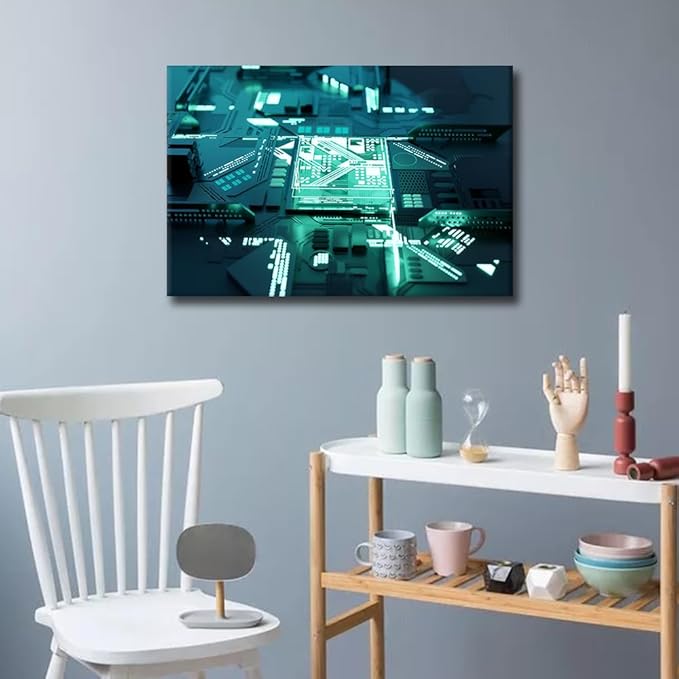 1 Panel AI Canvas Prints Glowing CPU Painting Computer Chip Pictures for Living Room Digital Age Modern Canvas Wall Art Framed House Decoration for Bedroom Office Ready to Hang - 36x24in