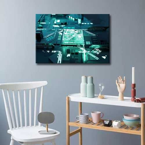 1 Panel AI Canvas Prints Glowing CPU Painting Computer Chip Pictures for Living Room Digital Age Modern Canvas Wall Art Framed House Decoration for Bedroom Office Ready to Hang - 36x24in