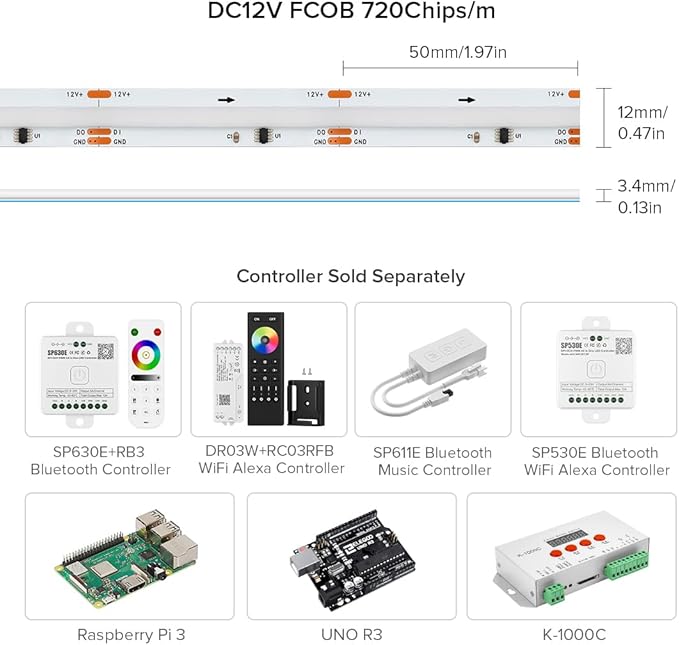 BTF-LIGHTING FCOB WS2811 IC RGB COB LED Strip DC12V 720LED/m Flexible High Density Uniform Chasing Color Light 2X16.4FT Total 32.8FT 20IC/m 12mm Width(No Adapter or Controller)