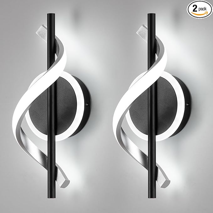 Wall Sconces Sets of 2, 12W LED Wall Mount Lights, Modern Spiral Wall Lamp, 6000K Cold Modern Light Fixture for Stairs, Living Room, Bedroom, Aisle, Hallway