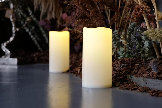 NONNO&ZGF 4X8 inch Huge Outdoor IP44 Warm White LED Rainproof Waterproof Candles, Large Flameless Battery LED Pillar Candle with Remote and Timer, Resin, No Melt, 2 Pack
