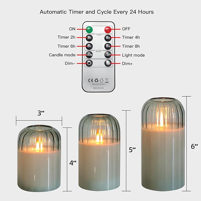 Green Flameless Battery Operated Candles with Remote, Set of 5 Glass Jar LED Candles with Dancing Flame, Flickering Electric Candlelight for Home Wedding Party Decor H4”5”5”6" 6”