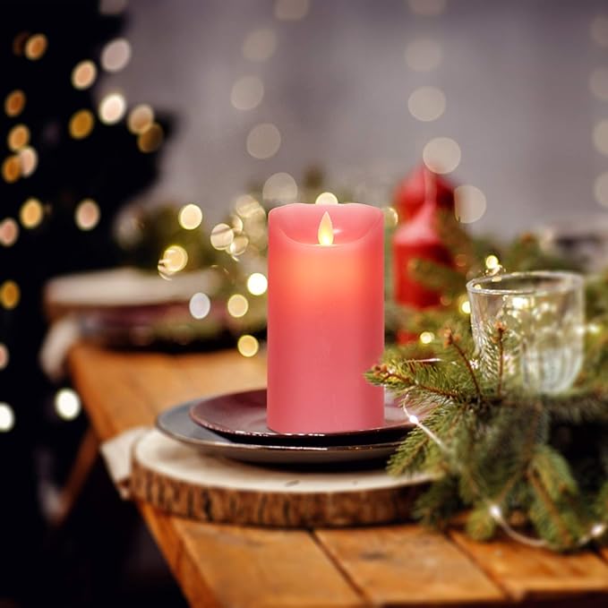 3" x 4" 5" 6" Set of 3 Flickering Flameless Candles Battery Operated Pillar Real Wax Electric LED Candle Set with Remote Control and Timer (Pink)