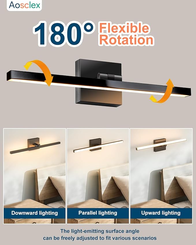 Aosclex 24 Inch Bathroom Lighting Fixtures Over Mirror, Rotatable, 16W 1440LM 5CCT Adjustable (2700K–6000K), Dimmable LED Bathroom Lights, IP44 Waterproof Black Modern Vanity Lights, ETL Certificated
