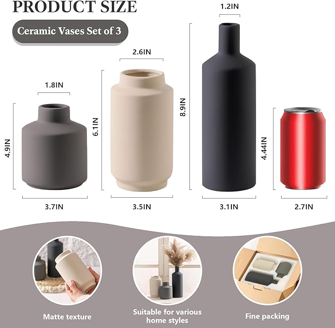 Modern Ceramic Vase Set, Neutral Decorative Vases for Home Decor, Small Flower Pottery Vase Sets for Pampas Grass Dried Flowers, for Living Room, Mantel, Shelf, Bedroom, Bathroom