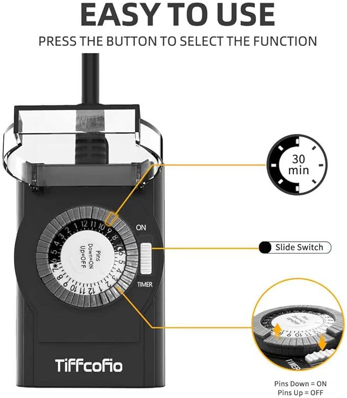 TiFFCOFiO Digital Outdoor Timer Outlet Waterproof, Dial Programmable Method, 2 Grounded Electrical Outlets for Pool Pump and Lights, 6 Sets of Programs, 15A/1875W (Mechanical, 2 Packs)