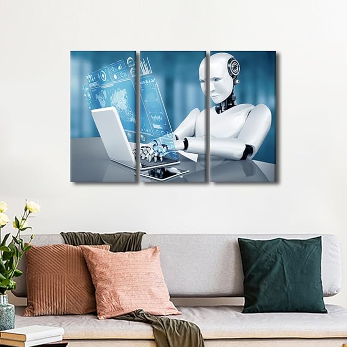 Robot Posters Canvas Print AI Intelligence Art Prints 3 Pieces Wall Art Big Data Analysis Paintings Robot Pictures Prints on Canvas Giclee Artwork Framed Ready to Hang Posters and Prints, 36"Wx24"H