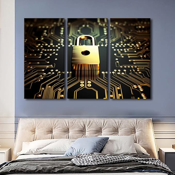 TUMOVO 3 Panel Large Wall Art Data Security Concept Poster Golden Padlock on Circuit Board Created with AI Picture for Home Office Wall Decorations, Stretched Framed Ready to Hang, 60" Wx40 H