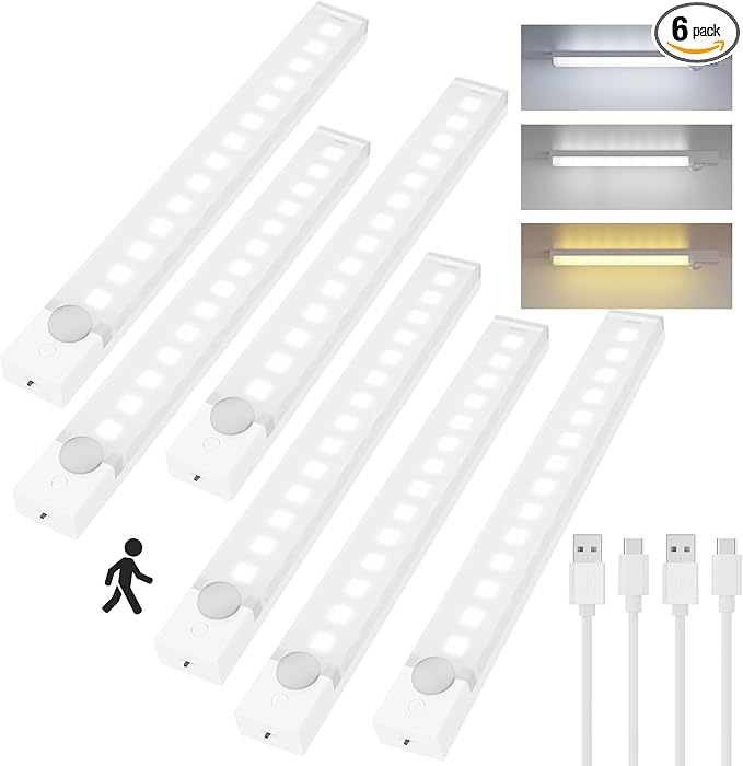 Under Cabinet Lighting 8 Inches Rechargeable Motion Sensor Light Indoor, 3 Color Dimmable Closet Light Battery Operated, USB Stick on LED Magnetic Under Counter Lights for Kitchen Stair, 6 Packs
