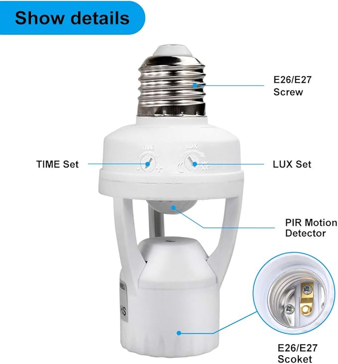 Motion Sensor Light Socket,PIR Motion Detector Screw Bulb Adapter,Auto E26/E27 on/Off Night Light Control,Garage, Laundry Room, Storage Room Lighting Fixture
