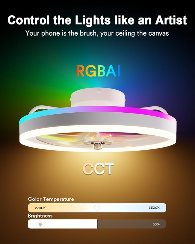 Lumary Smart WiFi Ceiling Fans with Lights, RGBAI Flush Mount Ceiling Fans with Lights and Remote, Dual Lighting Mode Modern LED Low Profile Ceiling Fan for Bedroom Works with Alexa Google, 20in White