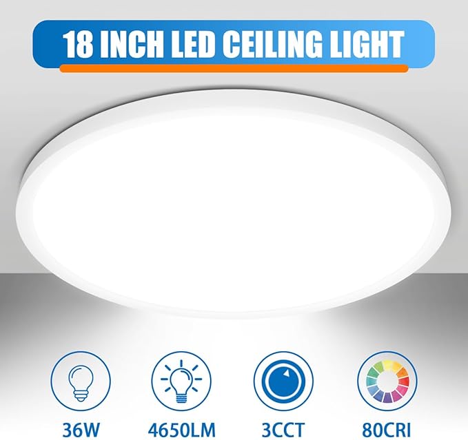Allsmartlife Led Flush Mount Ceiling Light 2-Pack, 18 inch 36W 4650lm Dimmable Led Ceiling Light, 3000K/4000K/6500K, Round Led Light Fixture for Laundry Room, Hallway