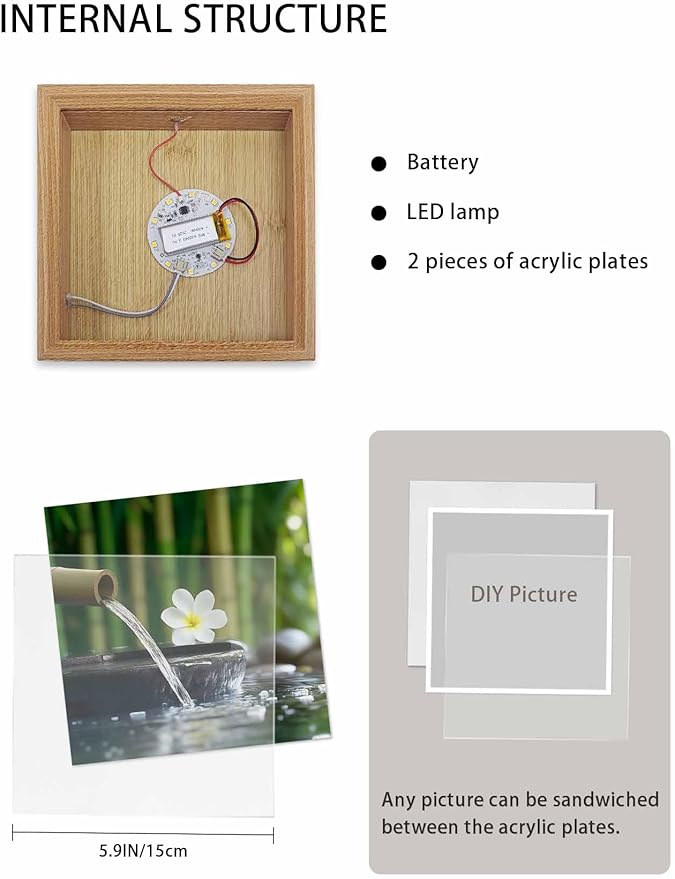 Wood Night Light Box 6.5x6.5in,Zen Meditation Plumeria Flower Table Lights Wooden Picture Frame with USB Rechargeable Touch LED Lights for Home Decor Desktop Display,Flowing Water Forest