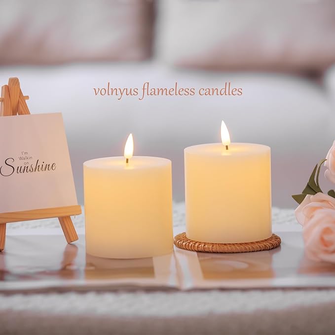 Flameless Candles Set of 2 (3x3 inch) Flickering LED Real Wax Candles Battery Operated with Remote Control Timers for Fireplace Bedroom Livingroom Party Dimmable Ivory Pillars Flat top