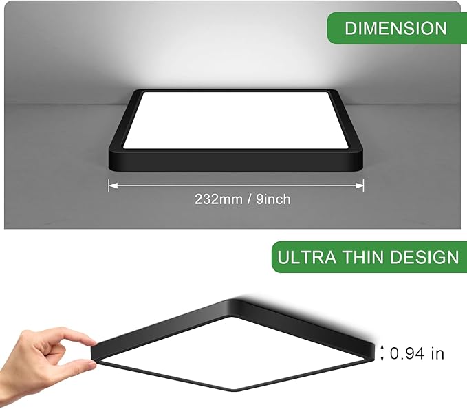 9Inch 18W Square LED Ceiling Light Fixtures Flush Mount, 5000K Daylight White LED Ceiling Lamp, Surface Mount Modern Ceiling Lights, Black Slim Flat Panel Lighting for Bedroom, Kitchen, Bathroom Etc