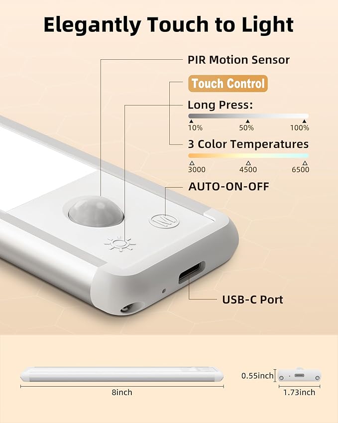EZVALO 8-inch Under Cabinet Lighting, 1800mAh Rechargeable Motion Sensor Light, 3 Color Temperatures, Dimmable Magnetic Wireless Light for Kitchen, Pantry, Closet, Stairs