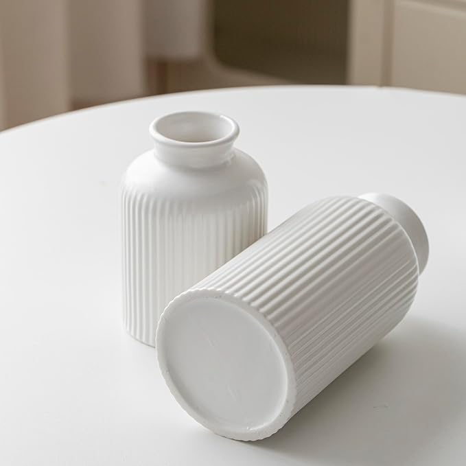 Large Modern Ceramic Vase Set, White Ribbed Matte Design, 10 Inch Tall, 4 Inch Width, 3-Piece Decorative Vases for Home, Living Room, Office (XL Matte Glaze White)