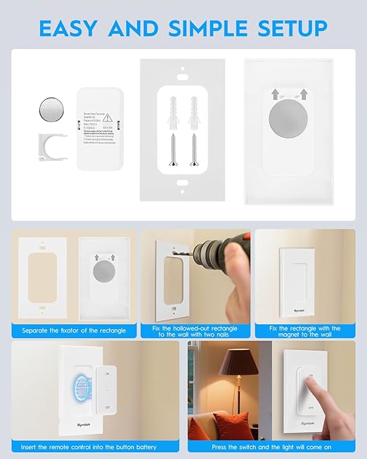 Remote Control Outlet 15A/1875W Removable Wall Mounted Remote Light Switch, Wireless Light Switch 200FT, Electrical Plug On Off Outlet Switch for Lamps, Fans, Christmas Lights, Programmed