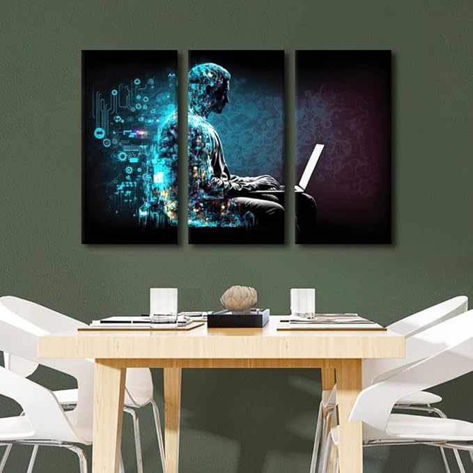 TUMOVO 3 Panels Future Technology Pictures Print on Canvas Wall Decoration for Bedroom Living Room Computer Code Wall Art Artificial Intelligence Artwork Ready to Hang, 36" Wx24 H