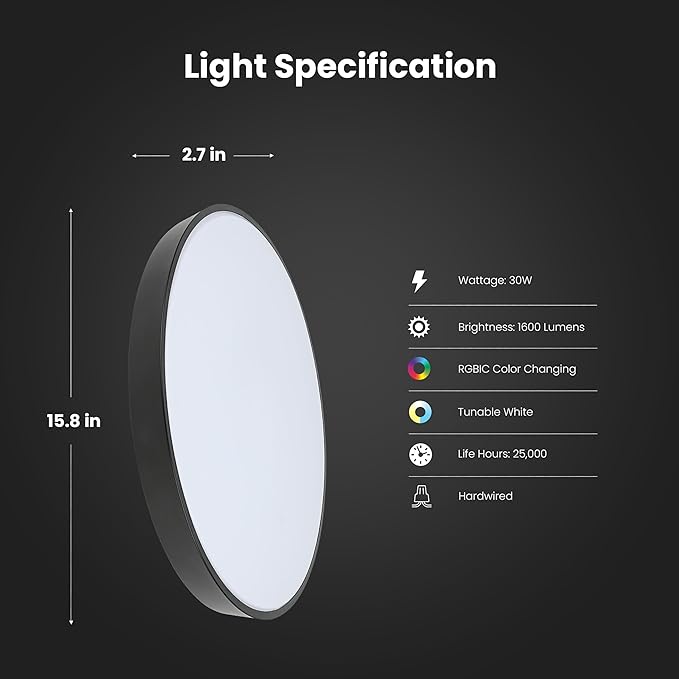 Feit Electric Smart Ceiling Light Fixture, 15" Round Flush Mount, Color Changing, Music Sync, Works with Alexa and Google Home Asst, 30W, 1600 Lumens, Tunable White, 22-Year Lifetime, FM15/RGBW/DIM/AG