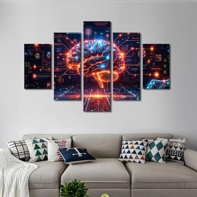 5 Panel Artificial Intelligence Brain Data Analysis Paintings Wall Art Futuristic Technology Posters and Prints Frame Neural Network Pictures for House Wall Decor AI Art Wall for House 60"Wx40"H