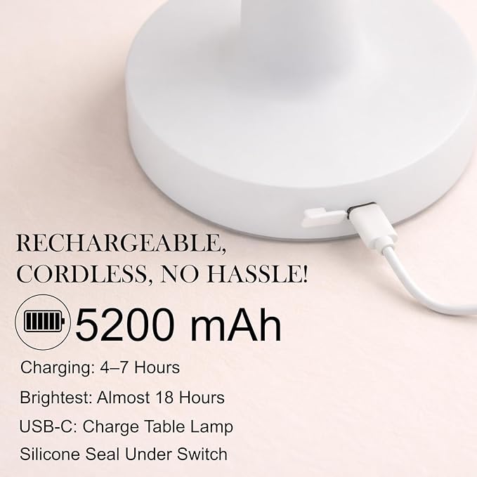 Cordless Table Lamp, Rechargeable Table Lamp, Waterproof Shower Lamp, 5200mAh Small Table Lamps, 3-Color Dimmable Touch Light, Portable Outdoor and indoor table lamp, Bedside night light (White)