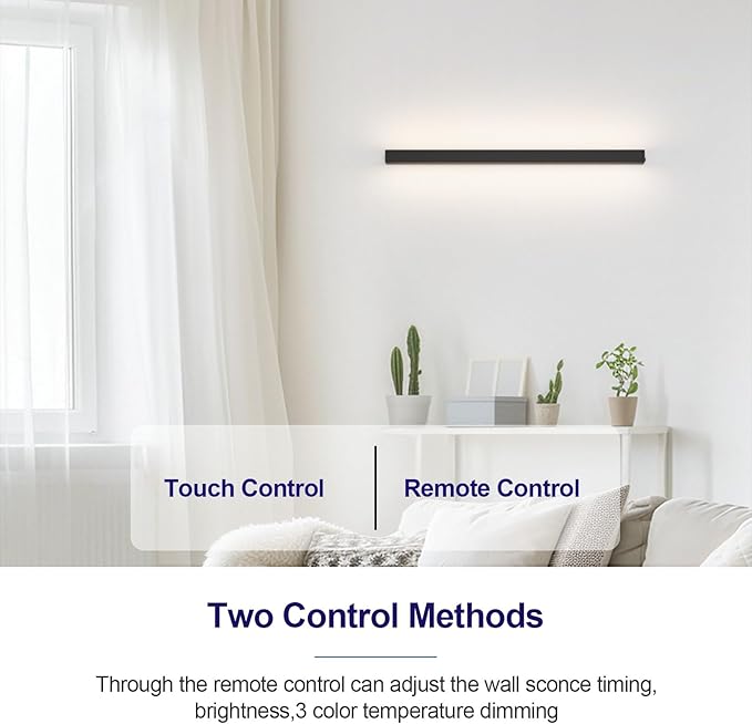 Aipsun Black Battery Operated Wall Sconce, 3000K-6000K Modern LED Wireless Rechargeable Wall Light for Bedroom, Hallway Living Room,23.6 Inch,Black(2 Packs)