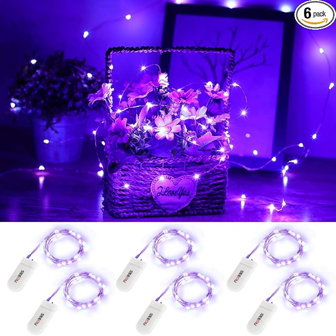 YKB 6 Pack Purple Fairy String Lights Battery Operated Fairy Lights Starry String Lights on 3.3ft/1m Silvery Copper Wire DIY Christmas Decoration Costume Wedding Party Halloween Easter