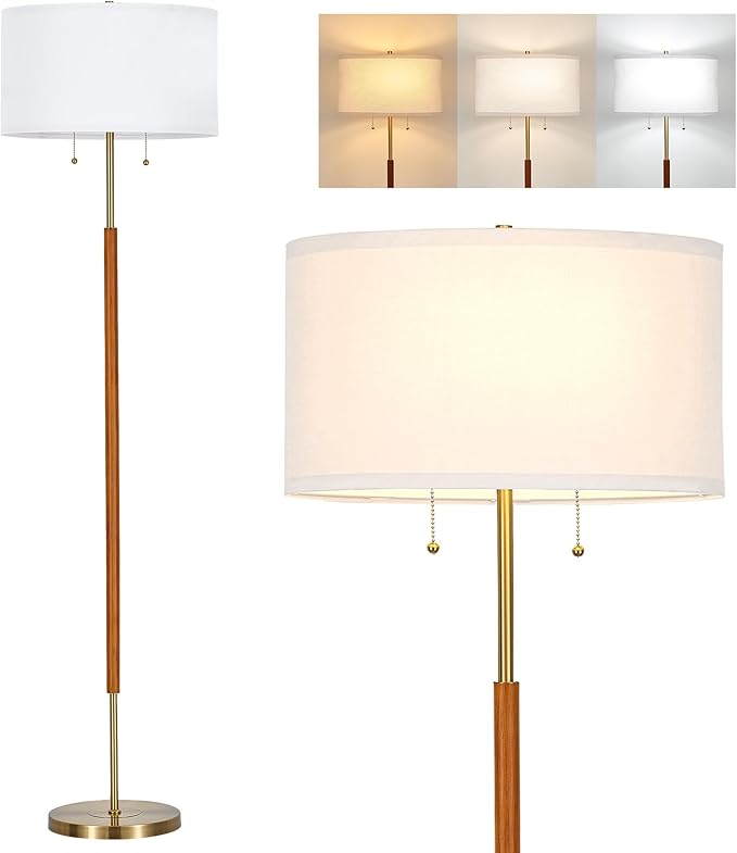 ELYONA 2-Light Wood Floor Lamp for Bedroom Mid Century Modern Standing Lamp 3 Color Temperatures 9W LED Bulbs Include White Fabric Shade Tall Pole Corner Light for Living Room Office, Brushed Brass