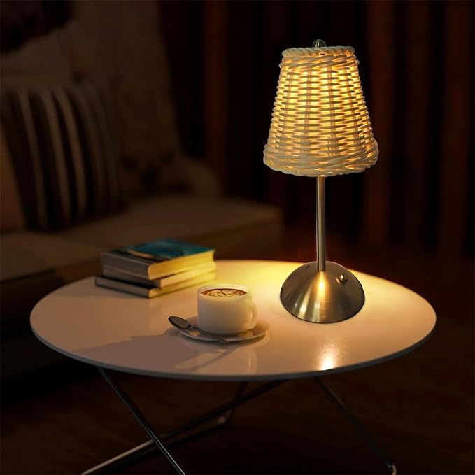 12.2 Inch Gold Rattan Lamp with Touch Dimmer, Portable Cordless Lamp, Small Rechargeable Table Lamp, 3 Color Touch Control Dimmable Bedside Lamps, Suitable for Living Room Bedroom Study