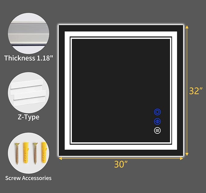 32"x30" LED Bathroom Mirror with Anti-Fog, Stepless Dimmable Lights, 3 Color Modes, Shatter-Proof Tempered Glass,Waterproof Design