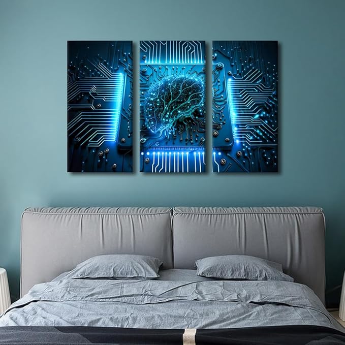 TUMOVO Artificial Intelligence Decor AI Pictures Print 3 Panel Computer Processor Canvas Wall Art Technology Artwork Modern Wall Decoration for Living Room Ready to Hang, 36" Wx24 H