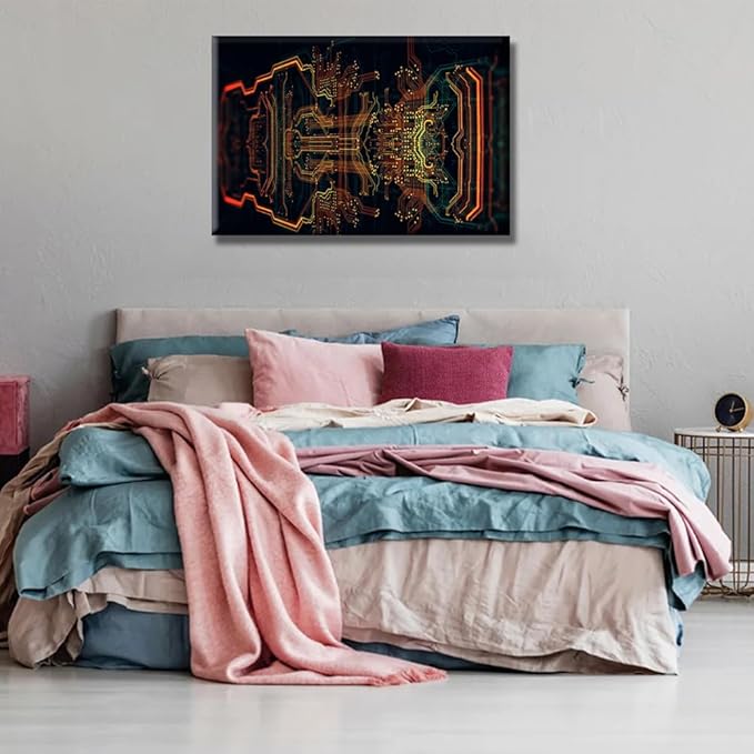 LSIUHWUWI Canvas Wall Art Circuit Board Art Wall Pictures for Living Room Computer Chip Wall Painting House Decoration CPU Concept Bedroom Wall Decor Modern Artwork Framed Ready to Hang 16X24 INCH