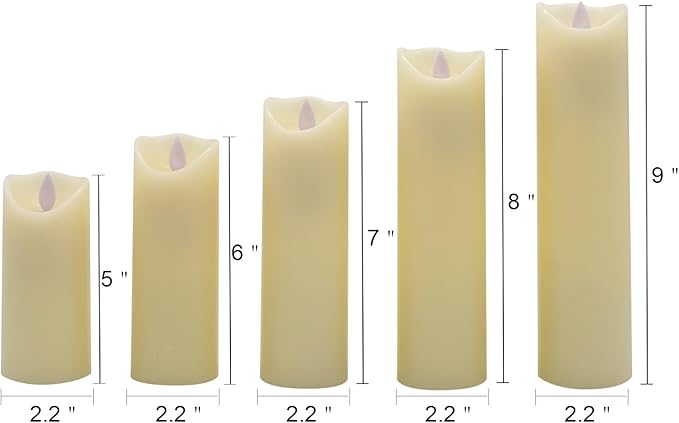 Eldnacele LED Flameless Flickering Candles with Remote Timer Warm White Battery Operated Wax LED Pillar Candles Set of 5 Realistic Flame for Decoration (2.2" X 5"6" 7" 8" 9")