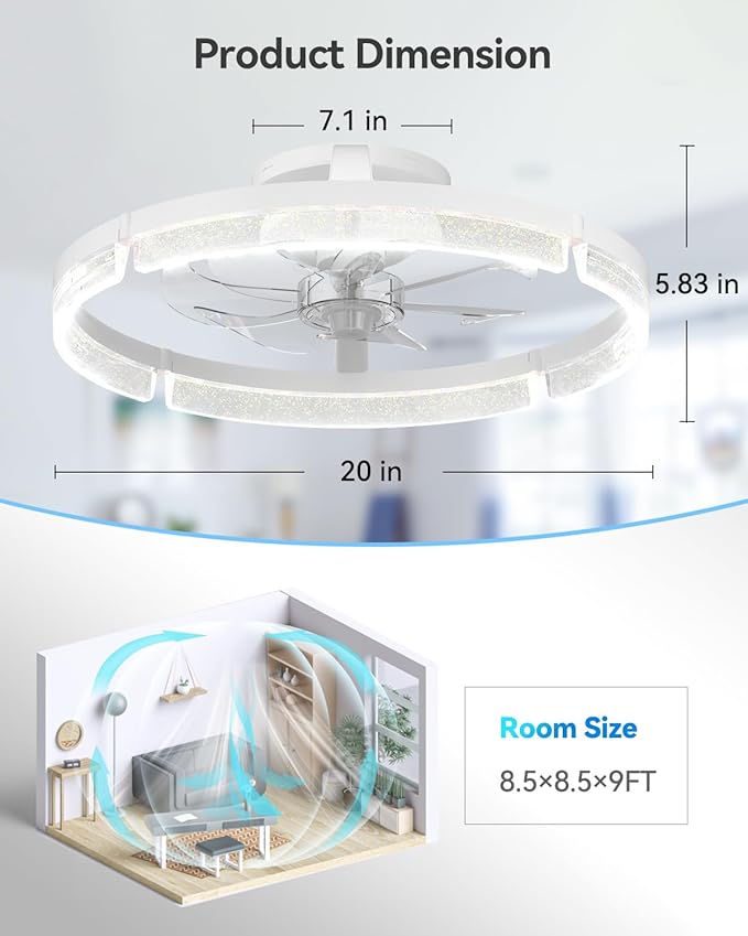 addlon Ceiling Fans with Lights and Remote, 20'' Low Profile Ceiling Fans, 3000-6000K Dimmable Modern Flush Mount LED Fan Light, Fandelier Ceiling Fan for Bedroom, Kitchen, Living Room, White
