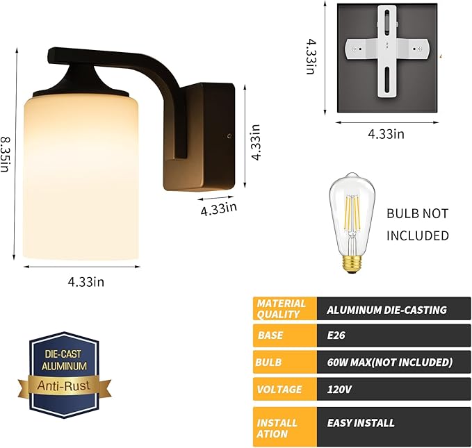 Outdoor Wall Lamp, Waterproof and Anti-Rust Aluminium Modern Wall Light Fixture Milk Glass Indoor for Outside,Garden, Matt Black
