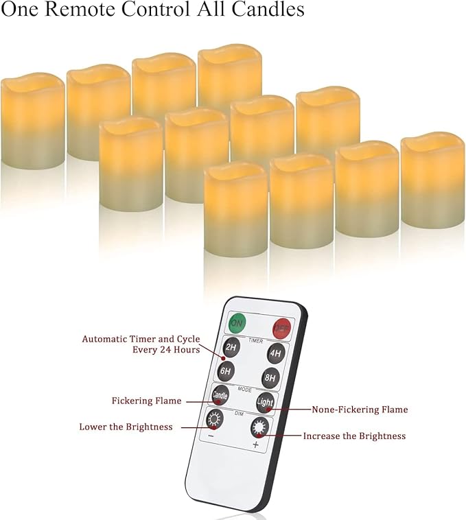 antizer Flameless Candles Battery Operated Candles Set of 12 Ivory Real Wax Pillars Flickering Candles Ivory LED Flameless Candles with Remote and Timer Control (D: 3" x H: 4")