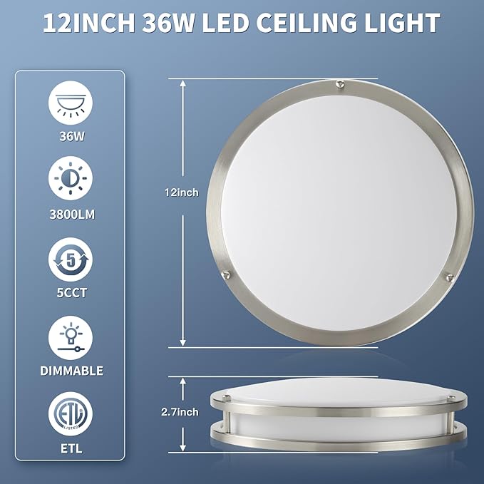 36W 12Inch LED Ceiling Light Fixtures, Flush Mount Light Fixtures, 5CCT 2700K 3000K 4000K 5000K 6500K, Close to Ceiling Light for Kitchen Bathroom Kitchen Bedroom, Super Bright 3800LM, Nickel, 2 Packs