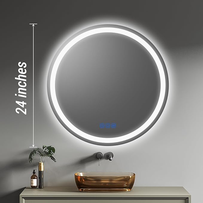 24” Circle LED Bathroom Mirror Round LED Mirror Bathroom Vanity Mirror with Lights Wall-Mounted Front & Backlit,Stepless Dimming,Smart Memory Touch,Anti-Fog,Shatterproof for Modern