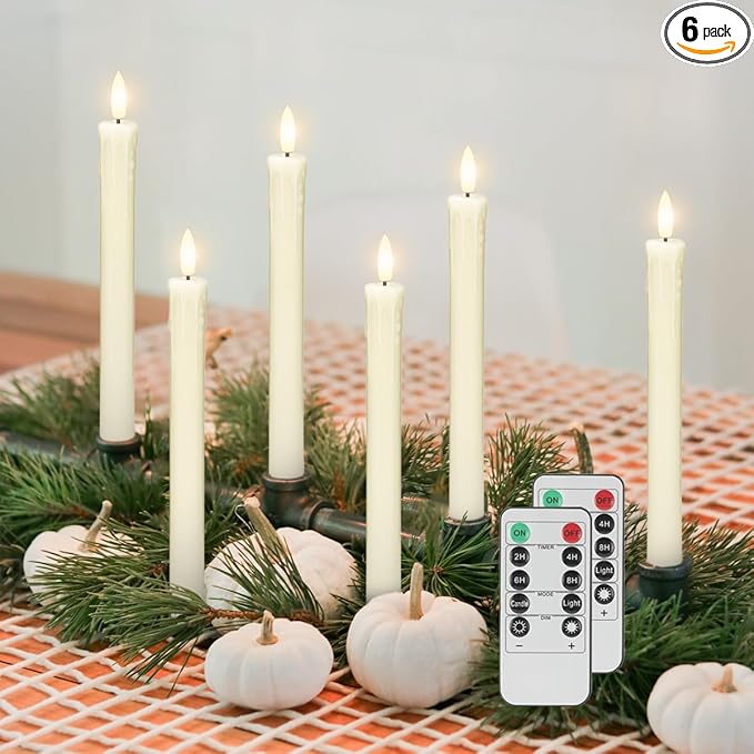 Flameless Taper Candles with Remote, 6 Pack Real Wax LED Battery Operated Candle with Flickering Flame, Safe Home Décor for Living Room, Bedroom, and Dining Table, Dripping Wax Ivory