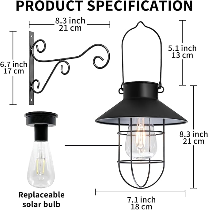 2 Pack Solar Lantern Hanging Waterproof Outdoor Metal Solar Lamp with Wall Hooks Warm White Light Decorate for Yard Garden Pathway Patio Porch Decor (Black)