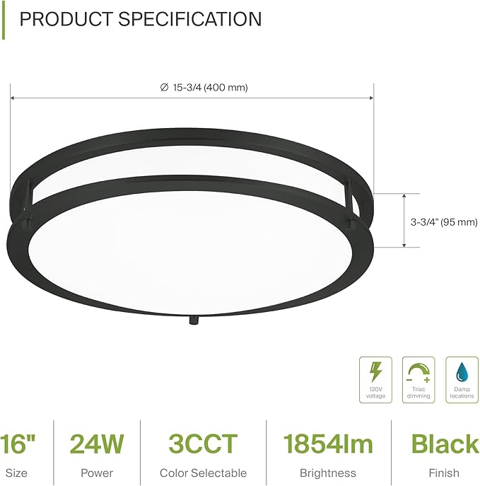 ASD LED 16" Round Flush Mount Lighting, Close to Ceiling Light Fixture | 3CCT, Dimmable, Energy Star, ETL Listed | 24W 1854LM 3000-5000K 120V | Low Profile Double Ring Lamp | Black, 2 Pack
