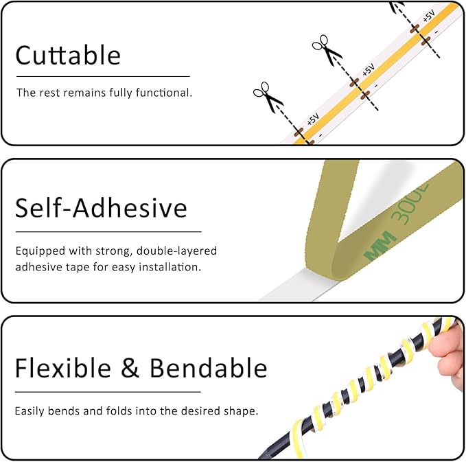 Led Strip Lights 5V USB Short COB LED Strip Light 3Pack 3000K Warm White Small Flexible Not Dimmable USB led Lights for Indoor Home DIY Lighting Room Decor 5V LED TV Lights (3.28FT/1M*3)
