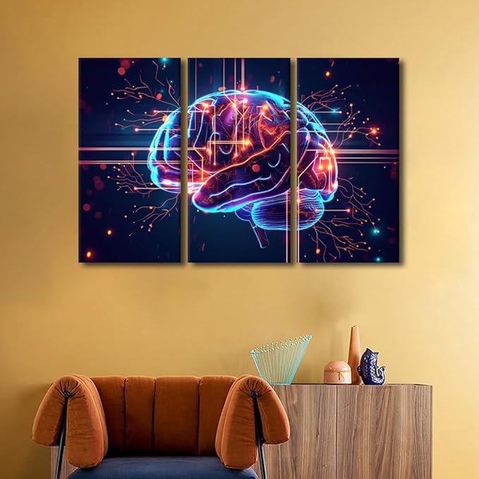 TUMOVO Landscape Wall Art for Living Room, 3 Panel Artificial Intelligence Brain Cloud Networking Posters and Prints for Living Room Bedroom Wall Decoration, Ready to Hang, 60" Wx40 H